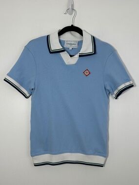 Casablanca Tennis Club Diamond Logo Pique Striped-Trim Polo Mens XS Light Blue